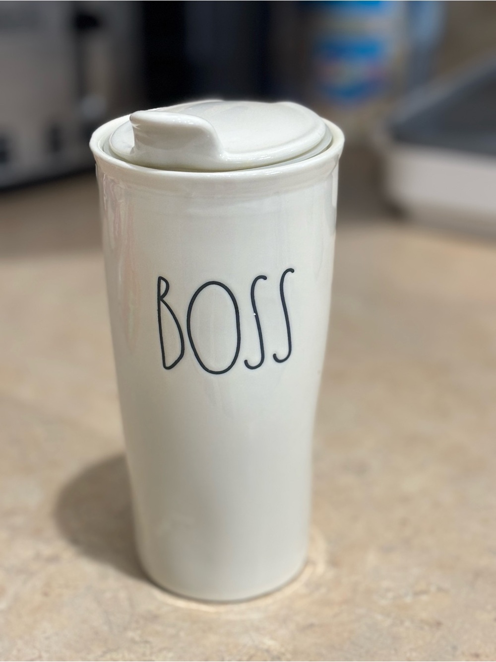 Rae Dunn Cream Ceramic Travel Mug with Black 'BOSS' Lettering